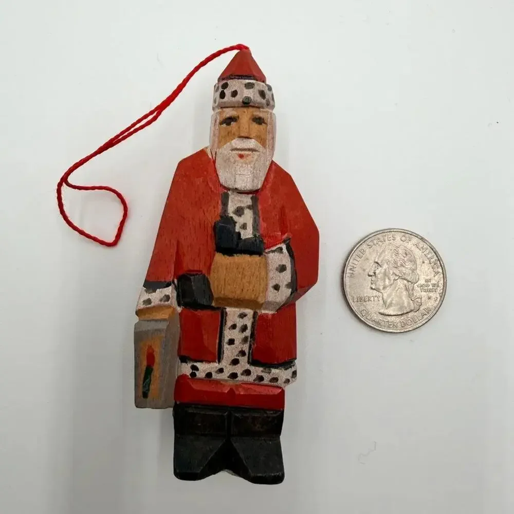 Vintage Santa Claus Christmas Ornaments Lot of 2 Folk Art Wood Carved Tree Decor